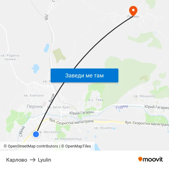 Карлово to Lyulin map