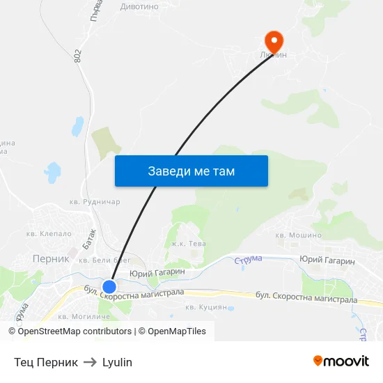 Тец Перник to Lyulin map