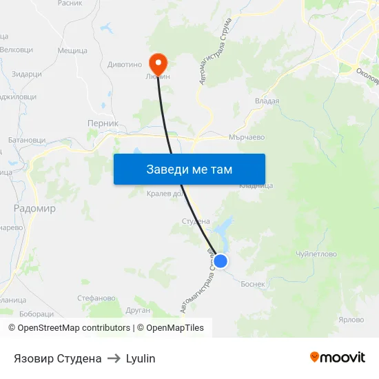 Язовир Студена to Lyulin map