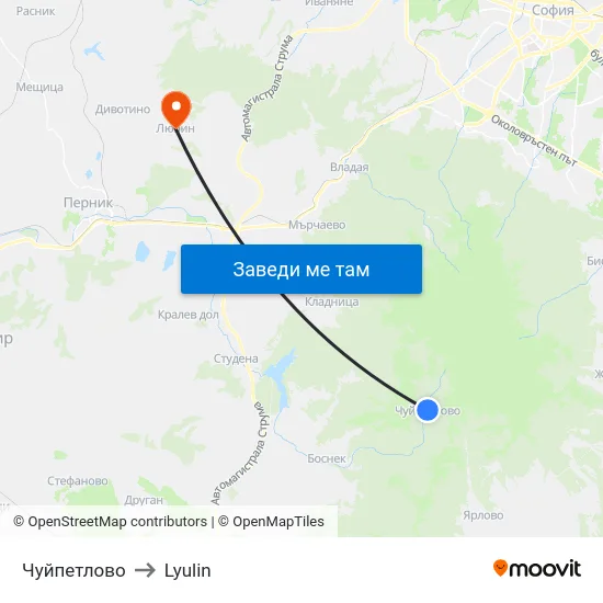 Чуйпетлово to Lyulin map