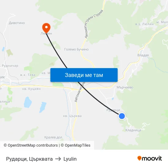 Рударци, Църквата to Lyulin map