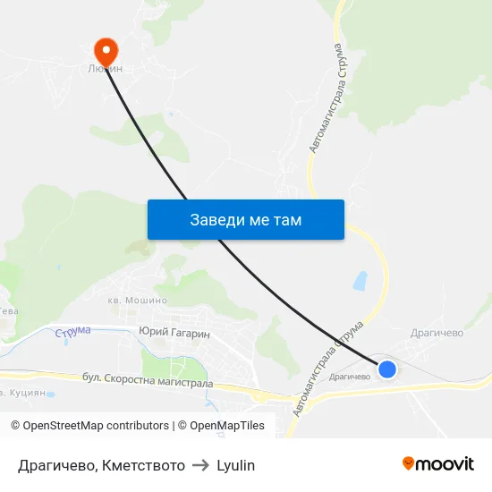 Драгичево, Кметството to Lyulin map