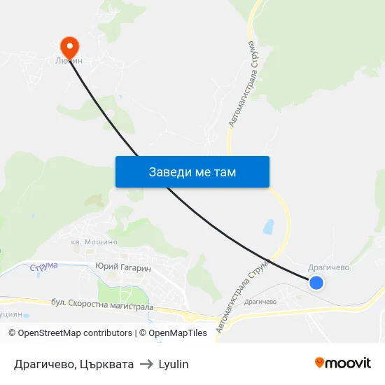 Драгичево, Църквата to Lyulin map