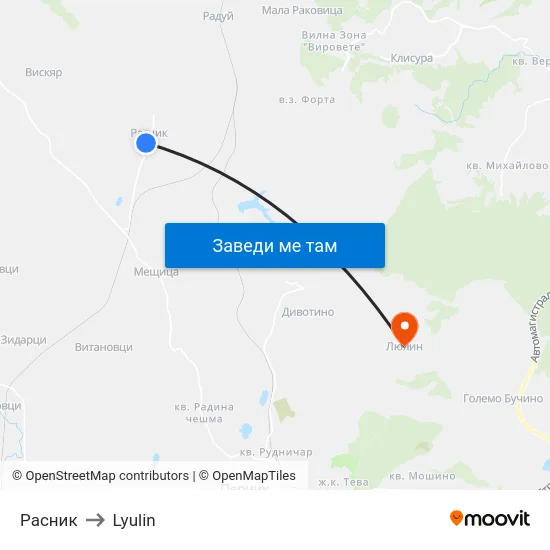 Расник to Lyulin map