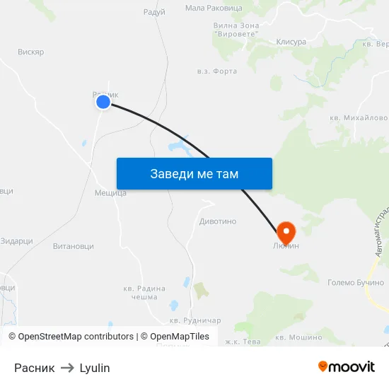 Расник to Lyulin map