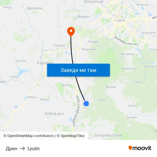 Дрен to Lyulin map