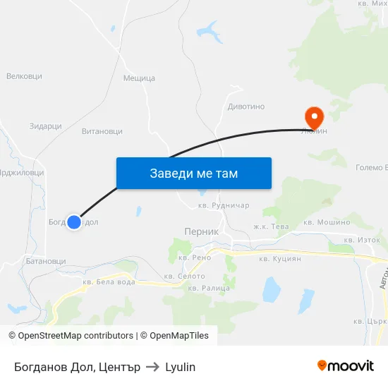 Богданов Дол, Център to Lyulin map