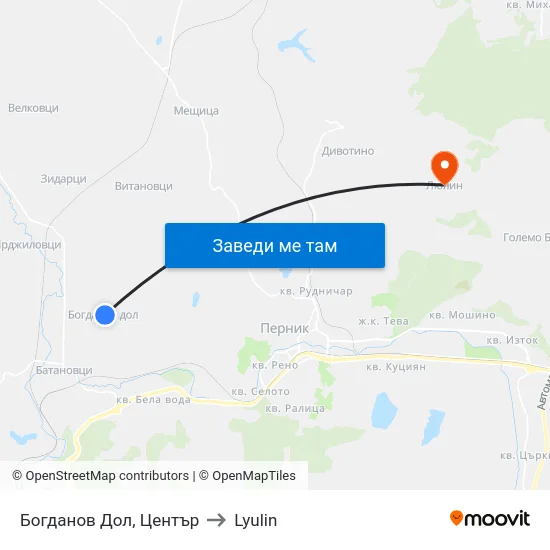 Богданов Дол, Център to Lyulin map