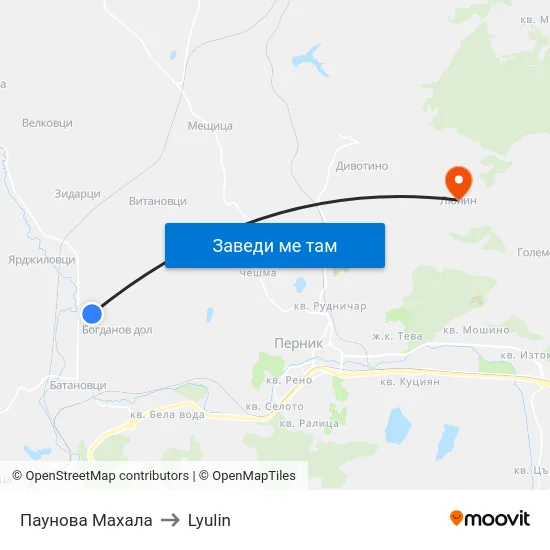 Паунова Махала to Lyulin map