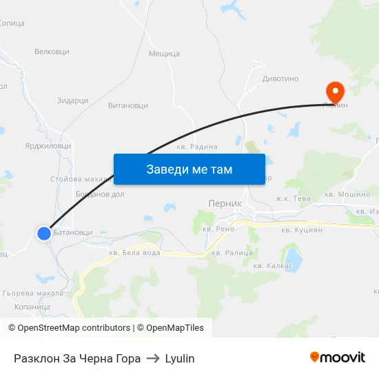 Разклон За Черна Гора to Lyulin map