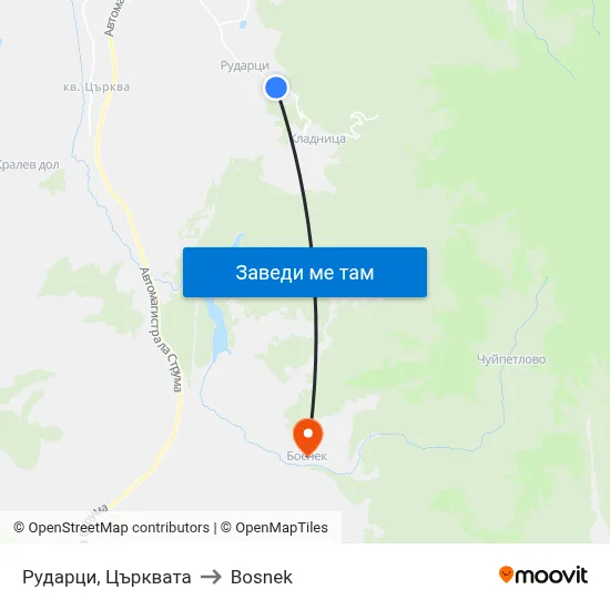 Рударци, Църквата to Bosnek map