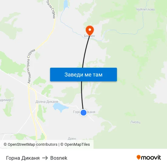 Горна Диканя to Bosnek map