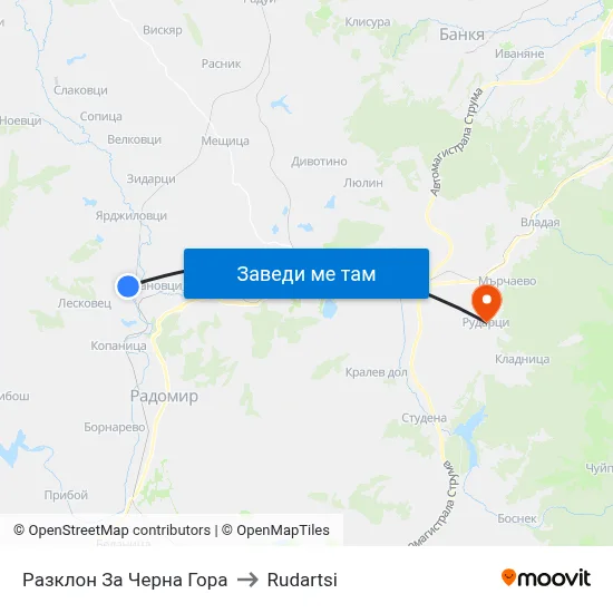 Разклон За Черна Гора to Rudartsi map