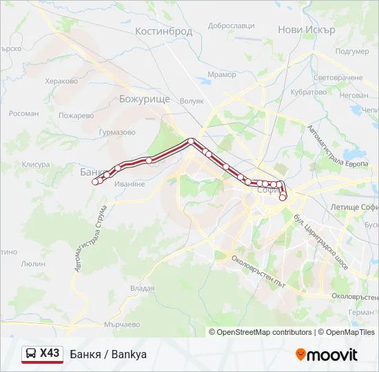 X43 автобус Карта на Линията