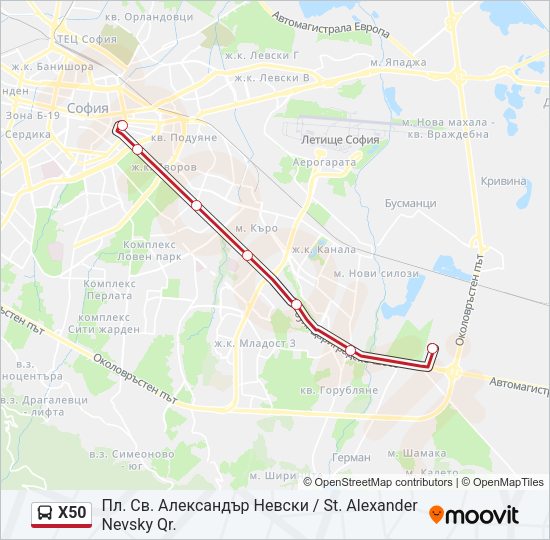 Автобус X50: карта маршрута