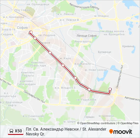 X50 автобус Карта на Линията