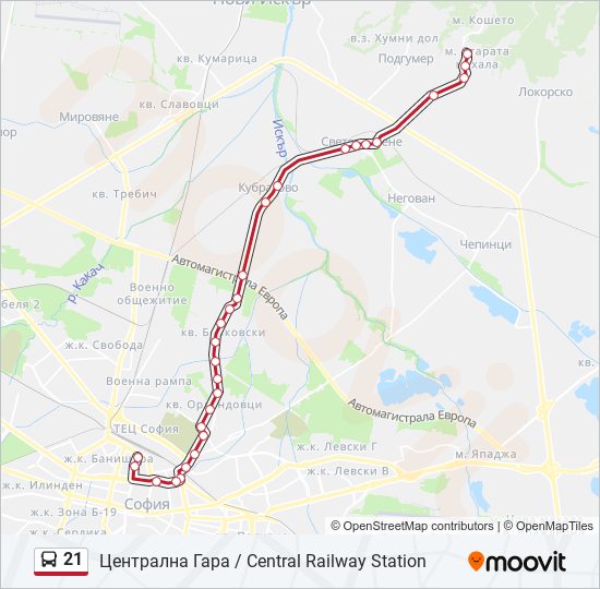 21 автобус Карта на Линията