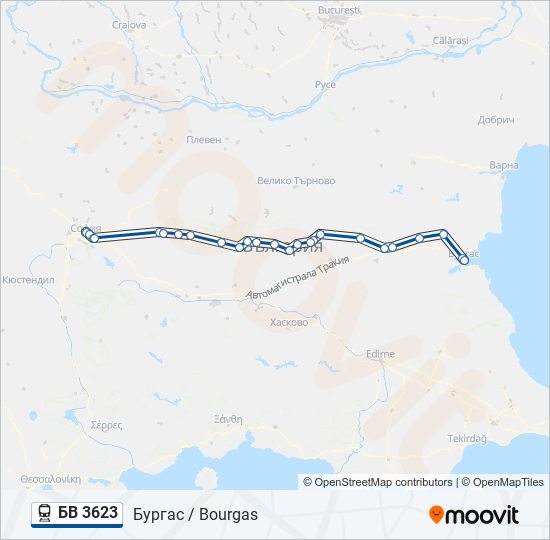 БВ 3623 влак Карта на Линията