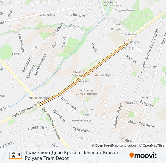 Трамвай 4: карта маршрута