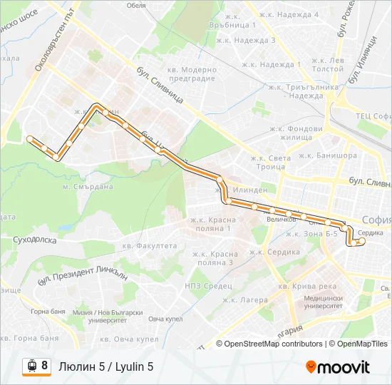 8 трамвай Карта на Линията