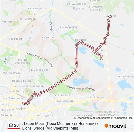20 автобус Карта на Линията