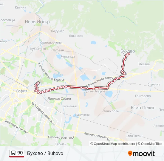 90 автобус Карта на Линията