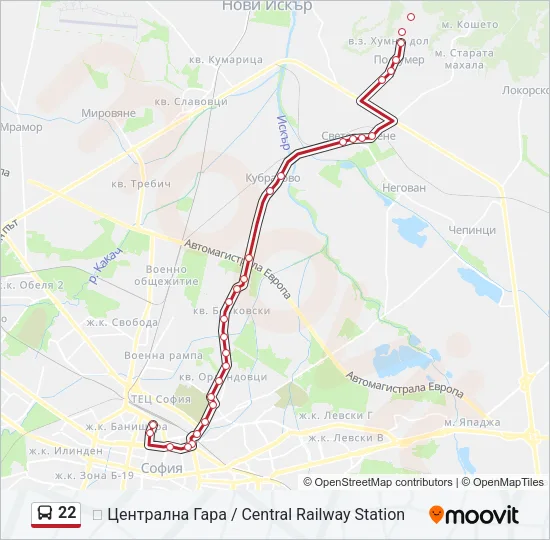22 автобус Карта на Линията