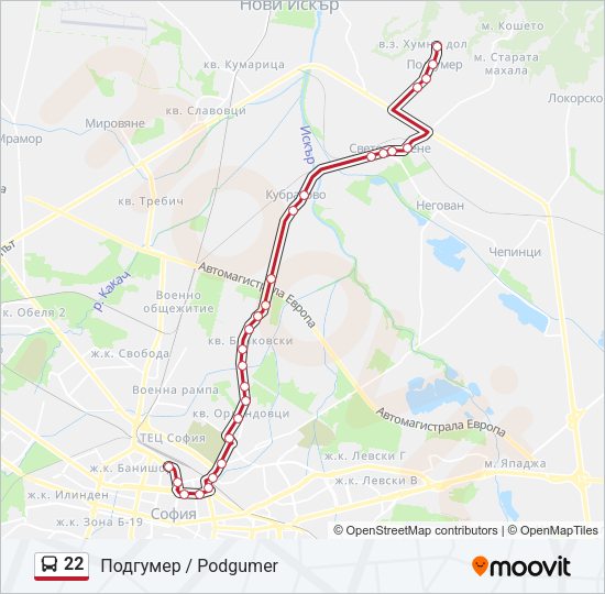 22 автобус Карта на Линията