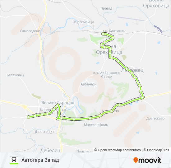 АВТОГАРА ЗАПАД - Ж.П. ГАРА Г. ОРЯХОВИЦА автобус Карта на Линията