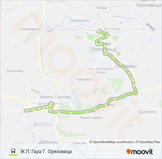 Автобус Ж.П. ГАРА Г. ОРЯХОВИЦА - ГР. ЛЯСКОВЕЦ - АВТОГАРА ЗАПАД: карта маршрута