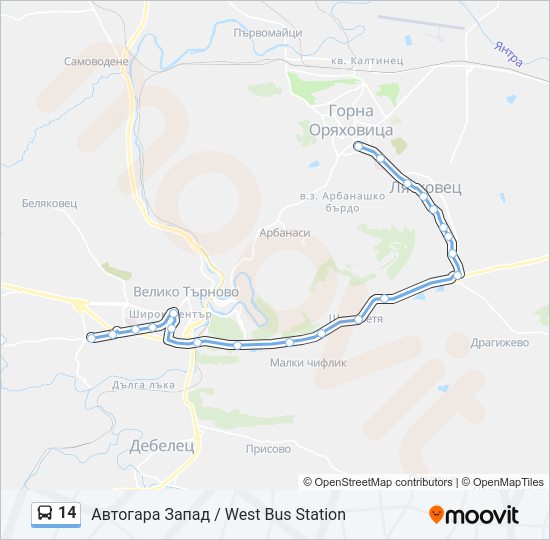 14 автобус Карта на Линията