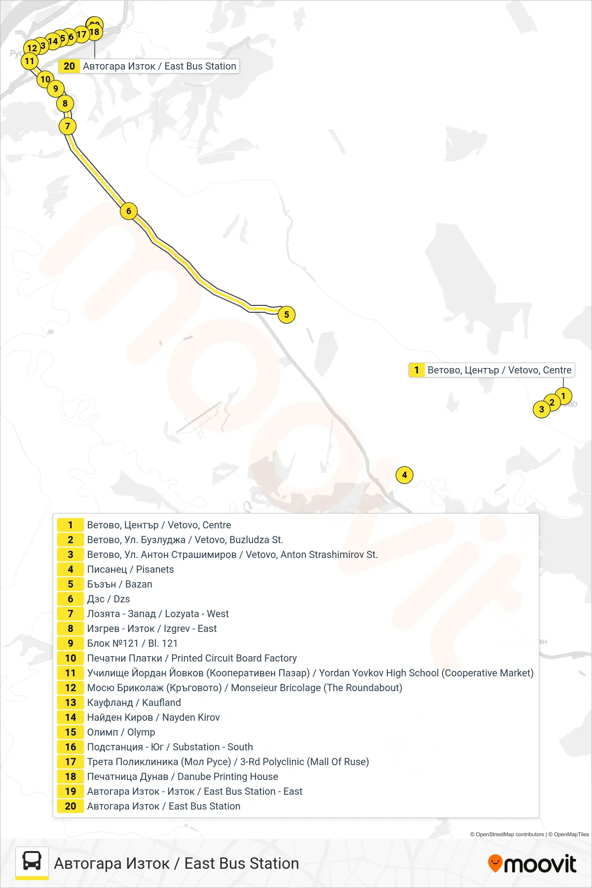 VETOVO bus Line (East Bus Station) route and stops on a map