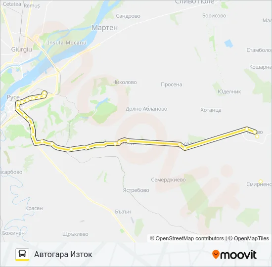 РУСЕ - ТЕТОВО - СМИРНЕНСКИ автобус Карта на Линията