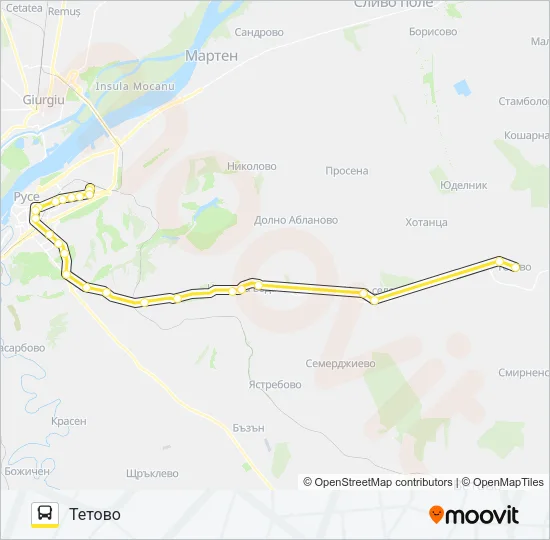 РУСЕ - ТЕТОВО - СМИРНЕНСКИ автобус Карта на Линията