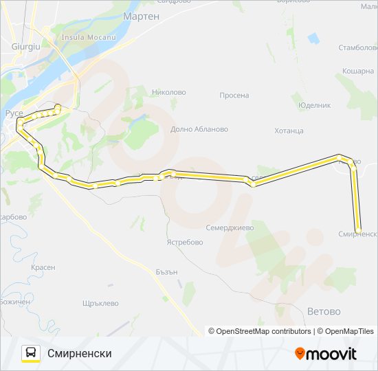 РУСЕ - ТЕТОВО - СМИРНЕНСКИ автобус Карта на Линията