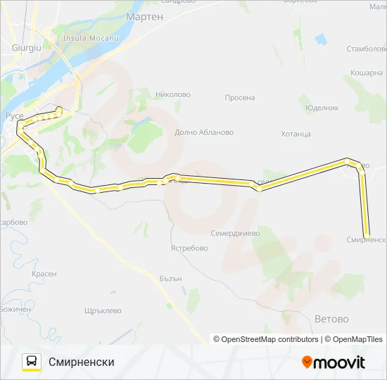 РУСЕ - ТЕТОВО - СМИРНЕНСКИ автобус Карта на Линията