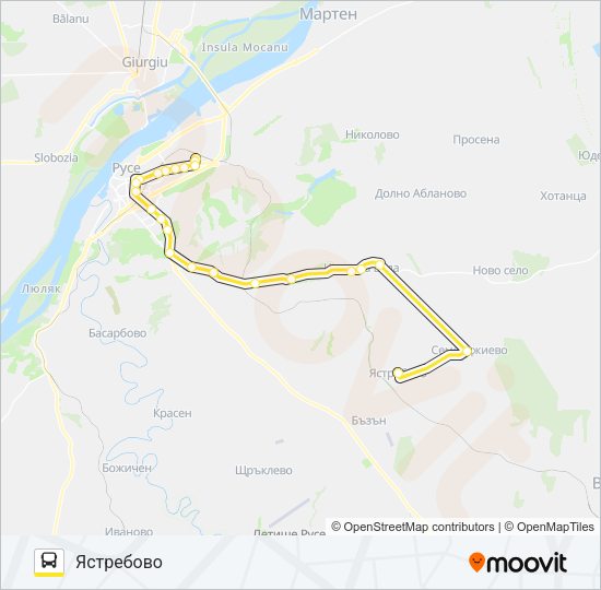 РУСЕ - ЧЕРВЕНА ВОДА - СЕМЕРДЖИЕВО - ЯСТРЕБОВО Bus Line Map