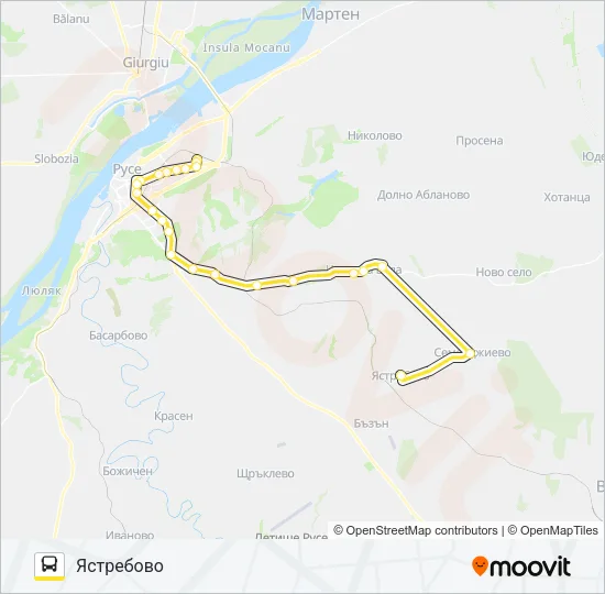 РУСЕ - ЧЕРВЕНА ВОДА - СЕМЕРДЖИЕВО - ЯСТРЕБОВО автобус Карта на Линията