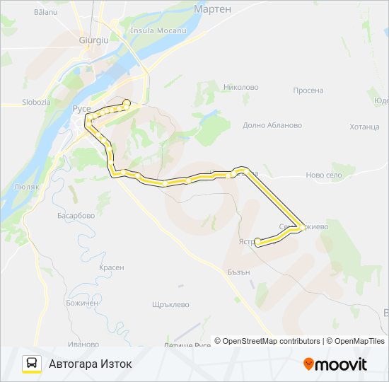 РУСЕ - ЧЕРВЕНА ВОДА - СЕМЕРДЖИЕВО - ЯСТРЕБОВО автобус Карта на Линията