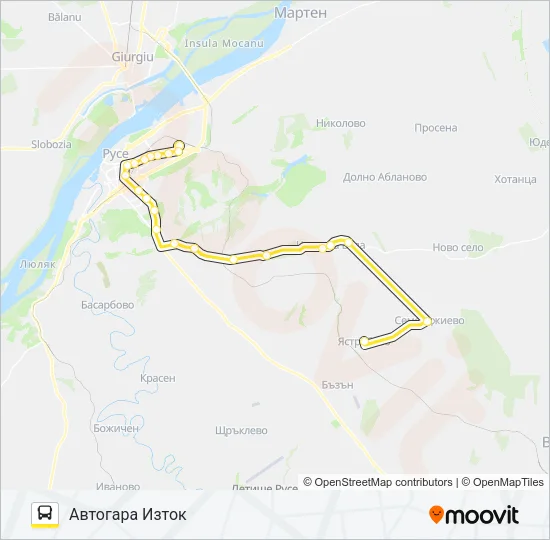 РУСЕ - ЧЕРВЕНА ВОДА - СЕМЕРДЖИЕВО - ЯСТРЕБОВО автобус Карта на Линията