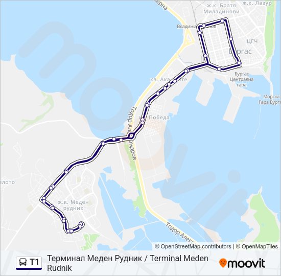T1 автобус Карта на Линията