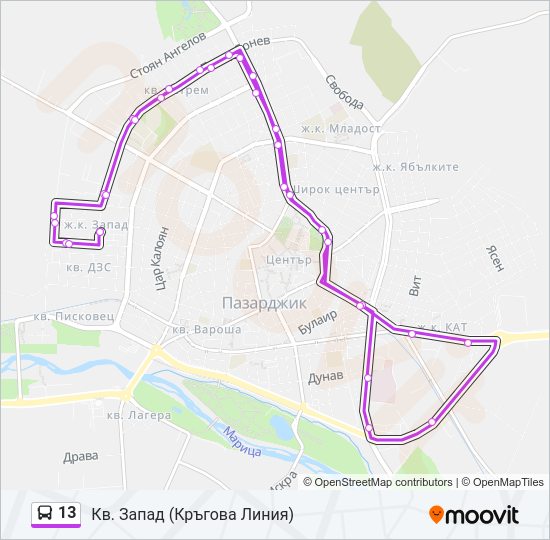 13 автобус Карта на Линията