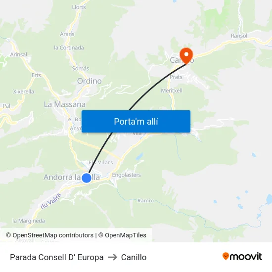 Parada Consell D’ Europa to Canillo map