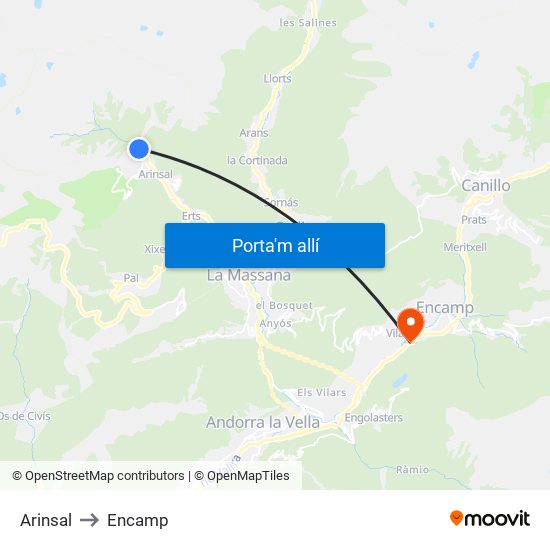 Arinsal to Encamp map