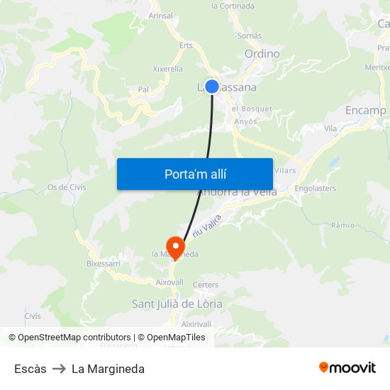 Escàs to La Margineda map