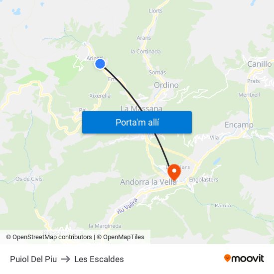Puiol Del Piu to Les Escaldes map