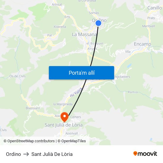 Ordino to Sant Julià De Lòria map