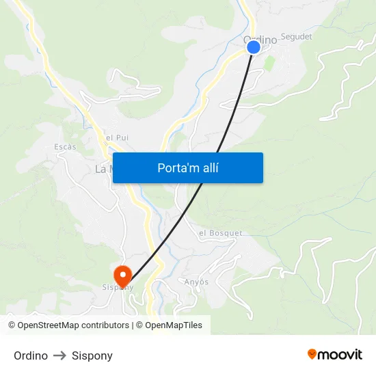 Ordino to Sispony map