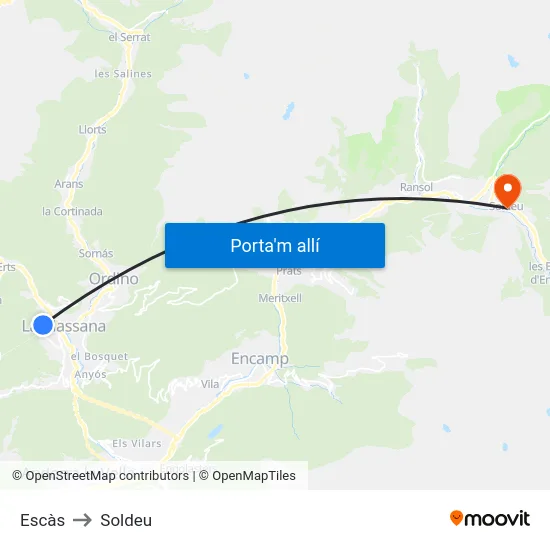 Escàs to Soldeu map