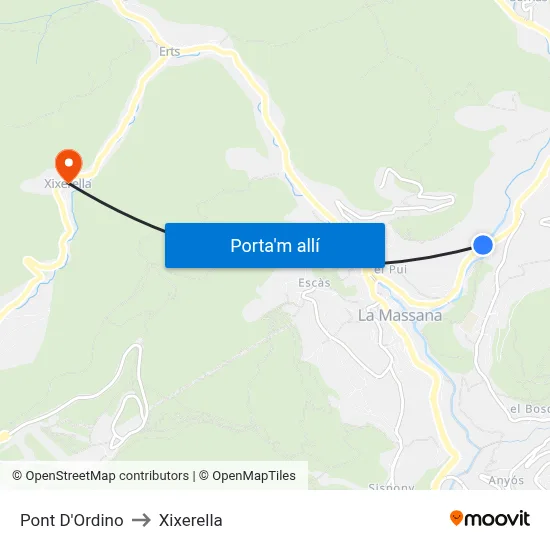 Pont D'Ordino to Xixerella map